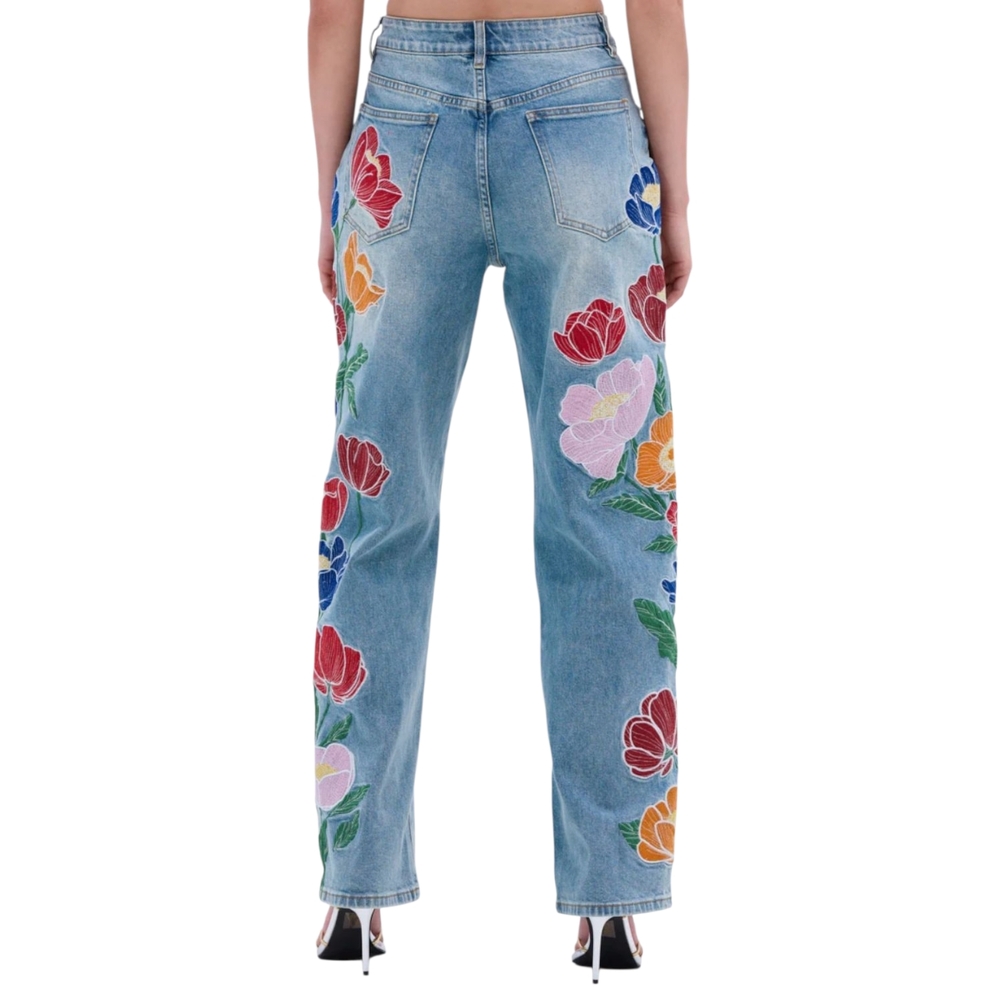 New! AKIRA Blue Jeans with Colorful Floral Embroidery - Picture 6 of 8
